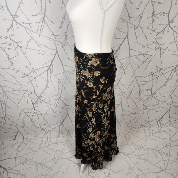 Old Navy Black Floral Print Georgette Flutter Hem Y2K Maxi Skirt - Picture 3 of 7